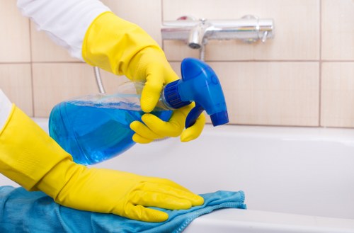 Cleaning staff assessing carpet cleaning risks in a room